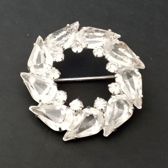 Vintage Mid Century  Silver Tone Clear Rhinestone Circle Pin Brooch - Picture 1 of 3